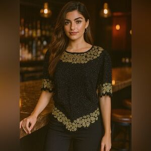 Laurence Kazar 1980s vintage Beaded Scalloped edge Dress Top L